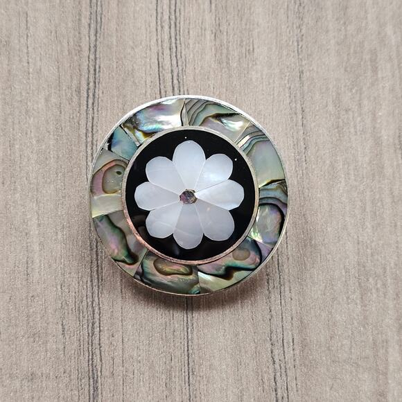 Vintage Alpaca Silver Abalone & Mother of Pearl Round Flower Brooch and Pendant - Picture 5 of 5